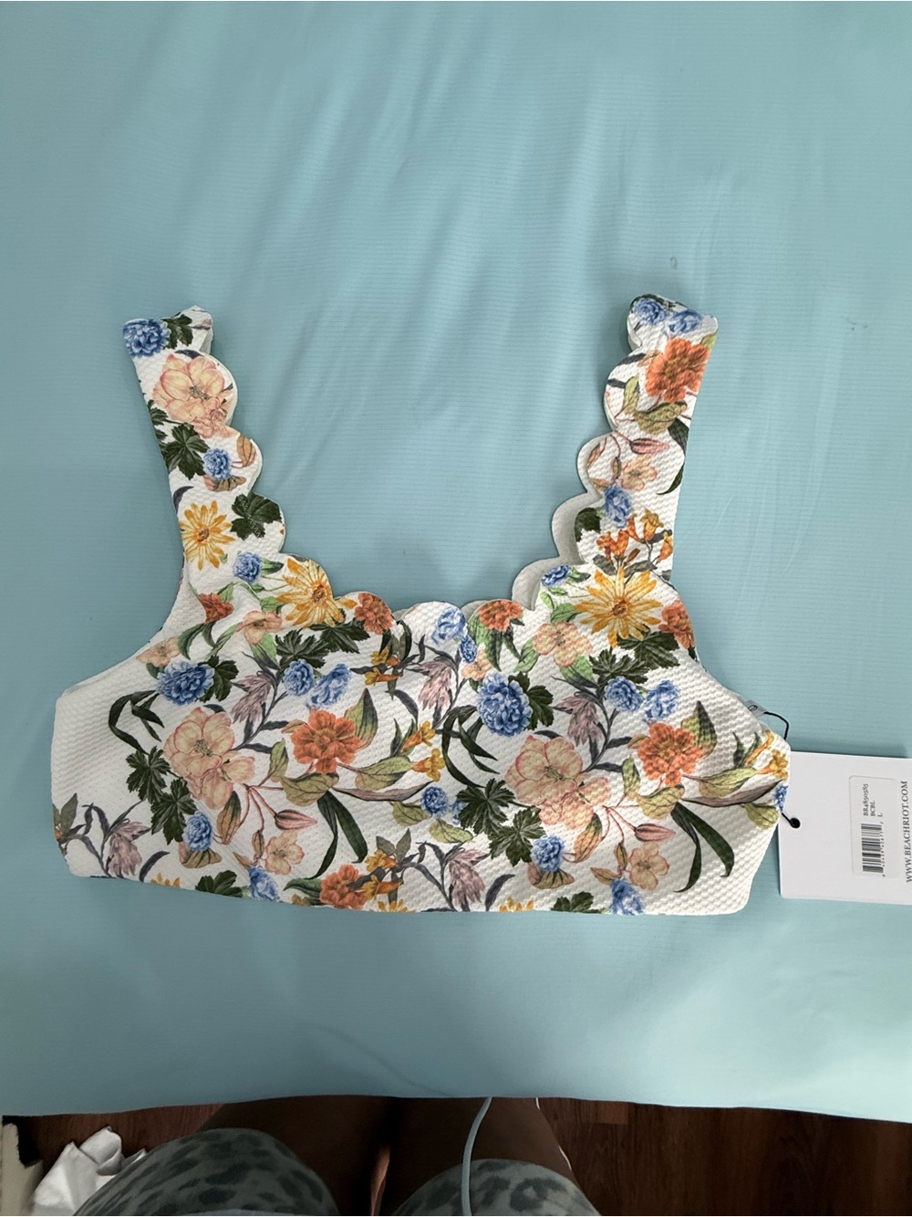 Beach Riot Floral Scalloped Strap Crop Bikini Top - White Multicolor